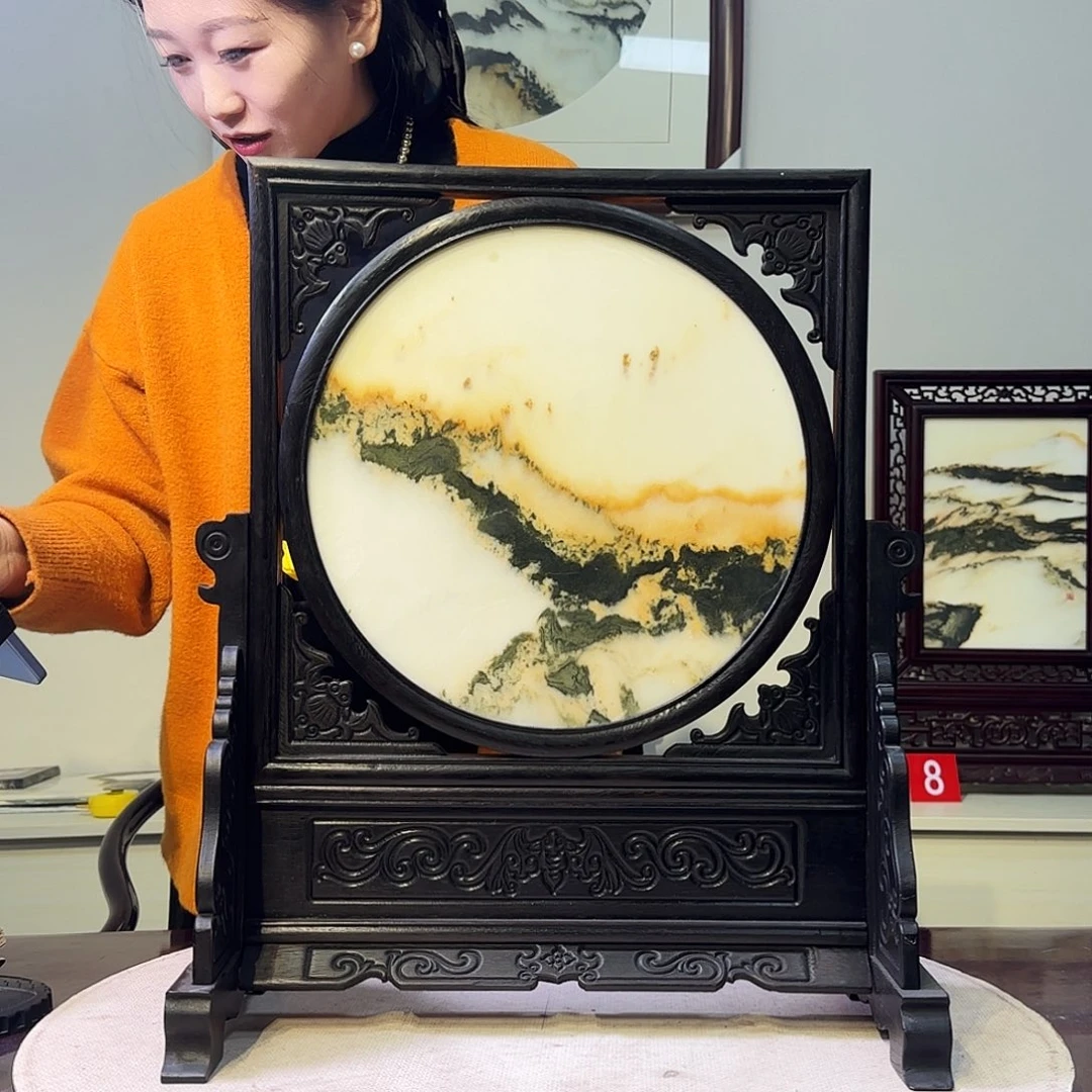 石材42×49天然大理石画屏风摆件