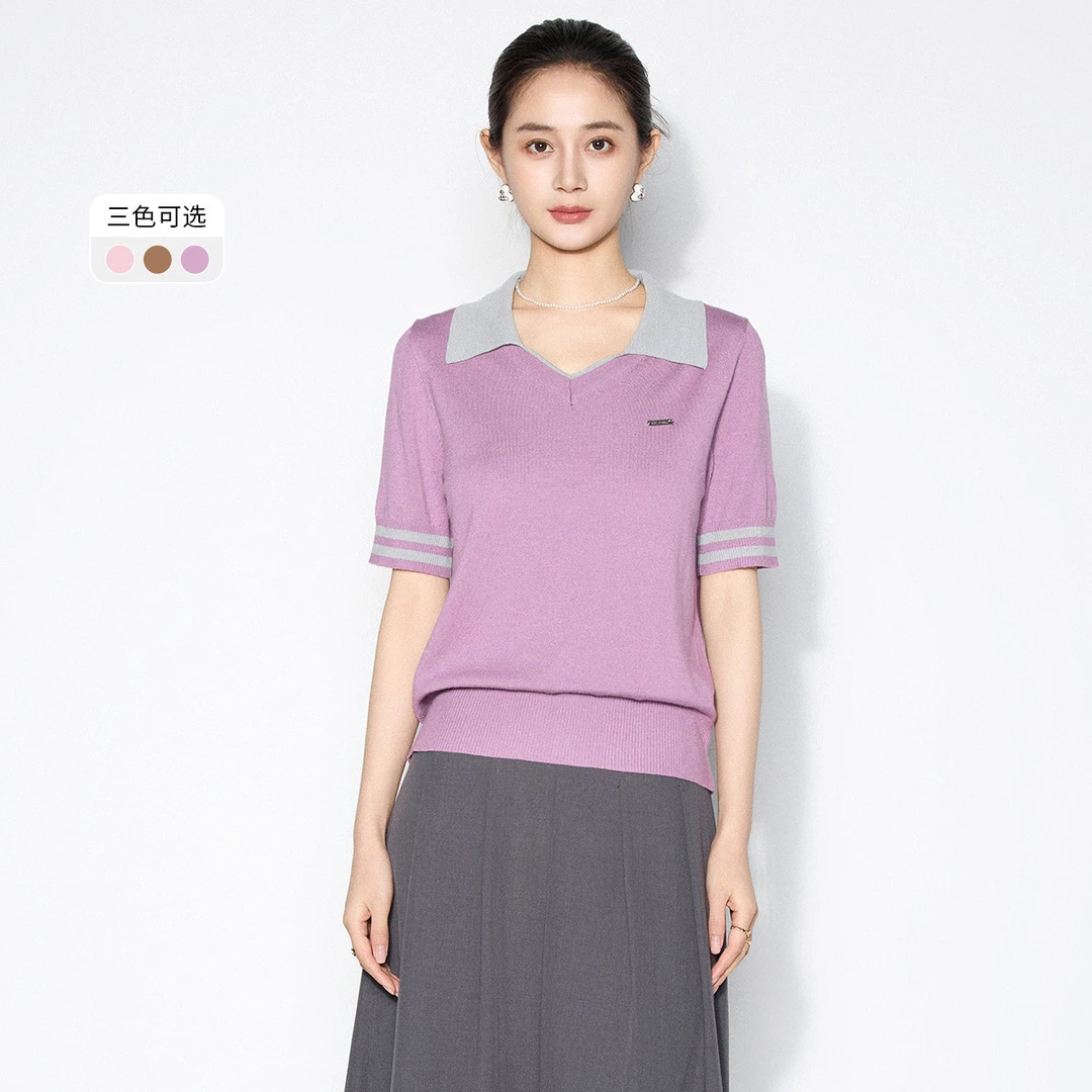 【粉丝专享】撞色款时髦短袖办公通勤针织衫女VHS770SWH0