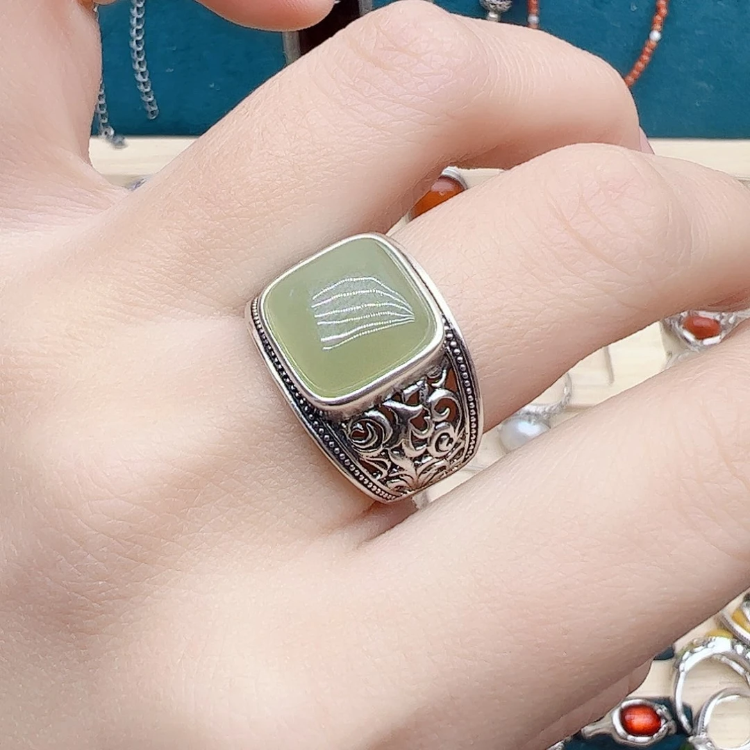 和田玉戒指银S925镶嵌