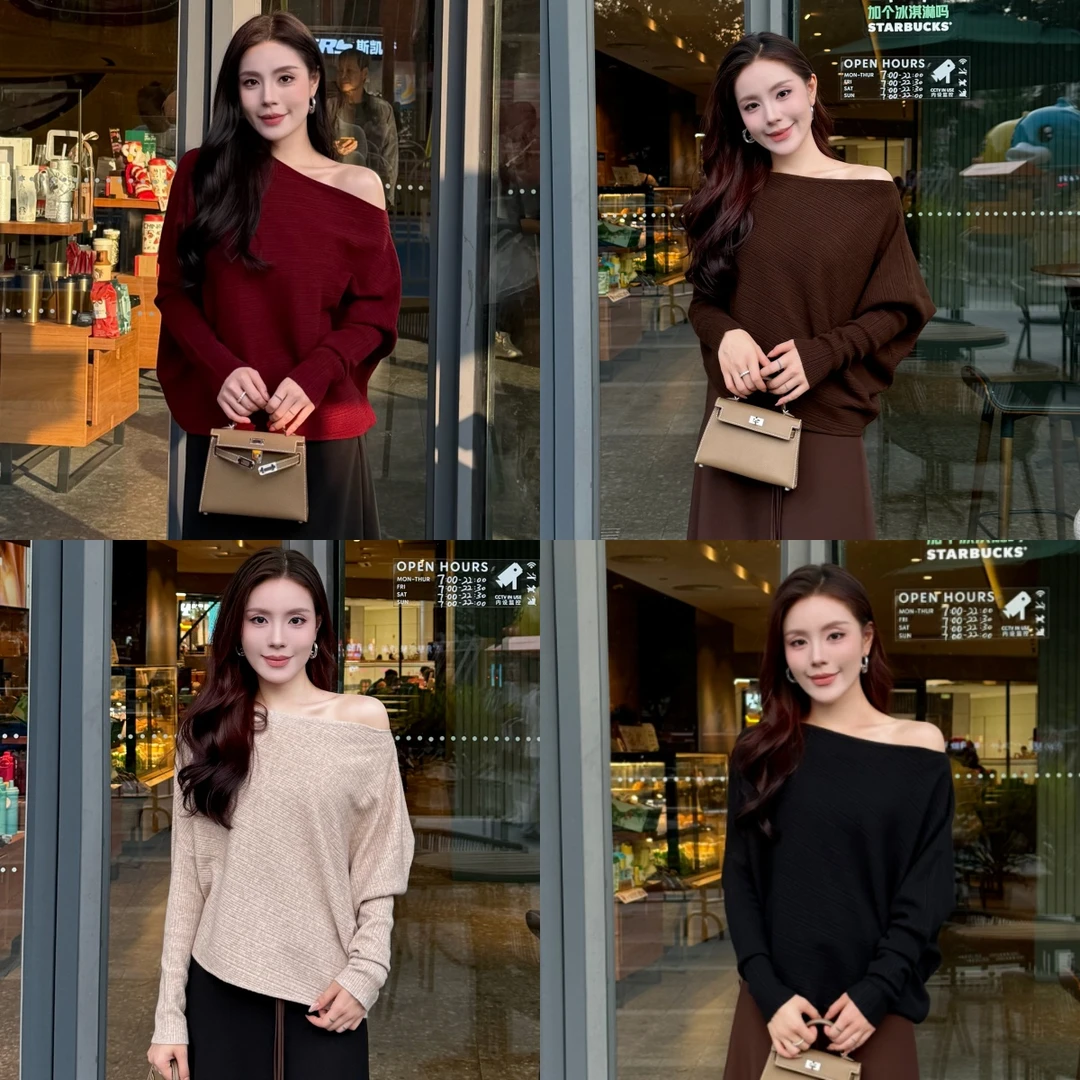 2025秋冬简约斜肩不规则下摆针织长袖上衣百搭显瘦毛衣