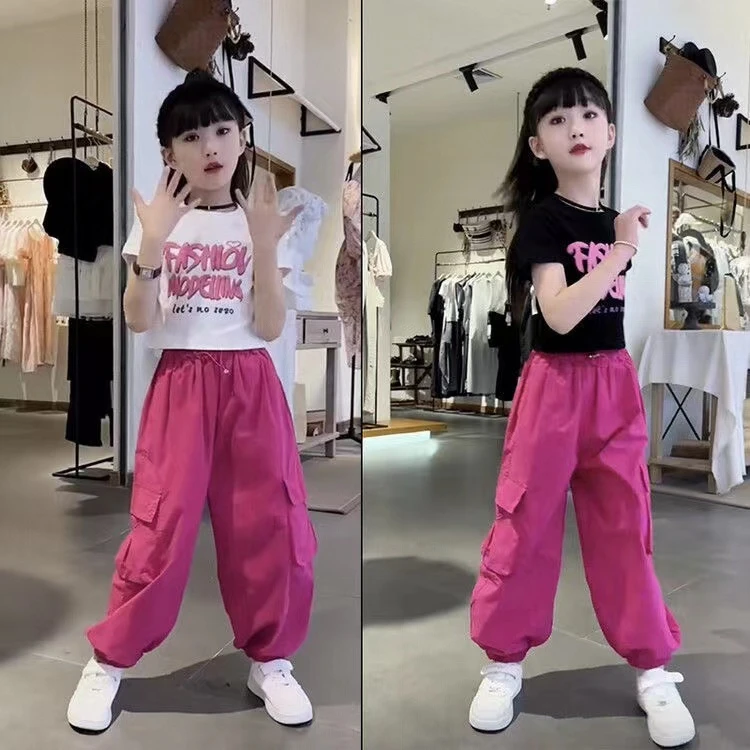 女童短袖工装裤两件套装网红炸街潮2025夏款时髦中大童T恤裤子