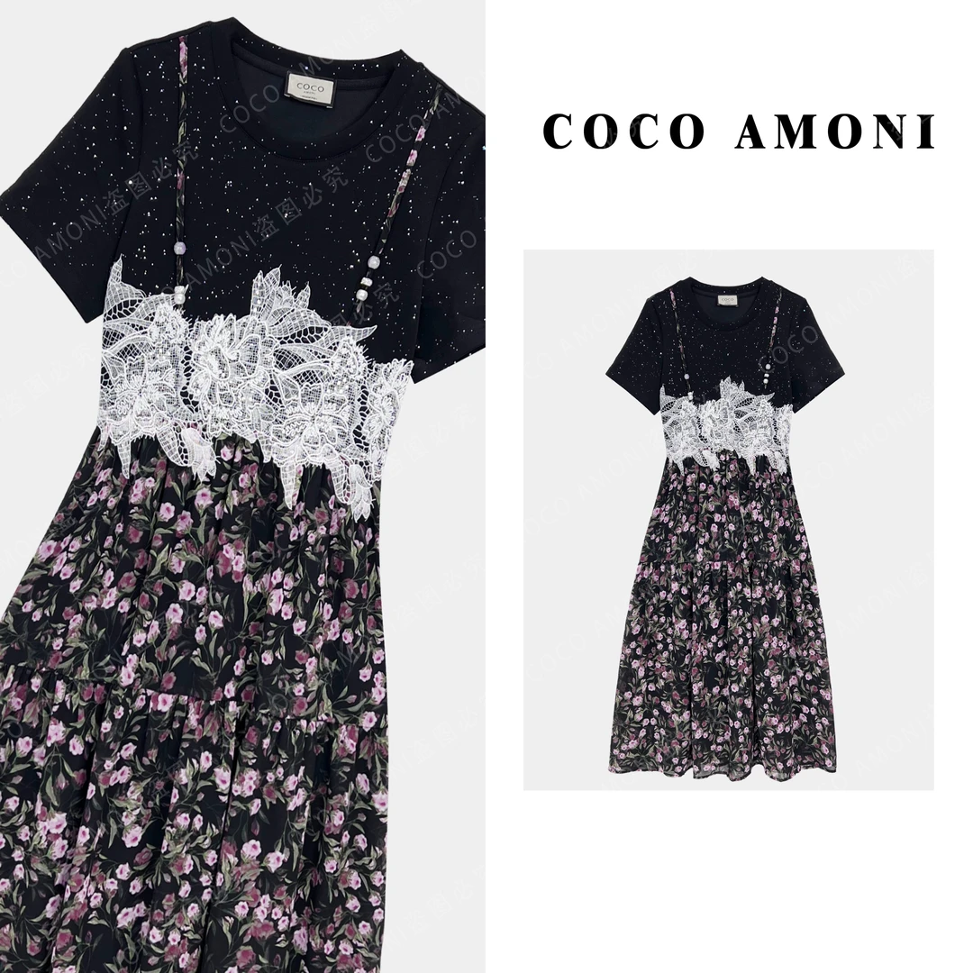 [曼姐]轻奢精致设计定制女拼接重工碎花气质假两件连衣裙ZC524