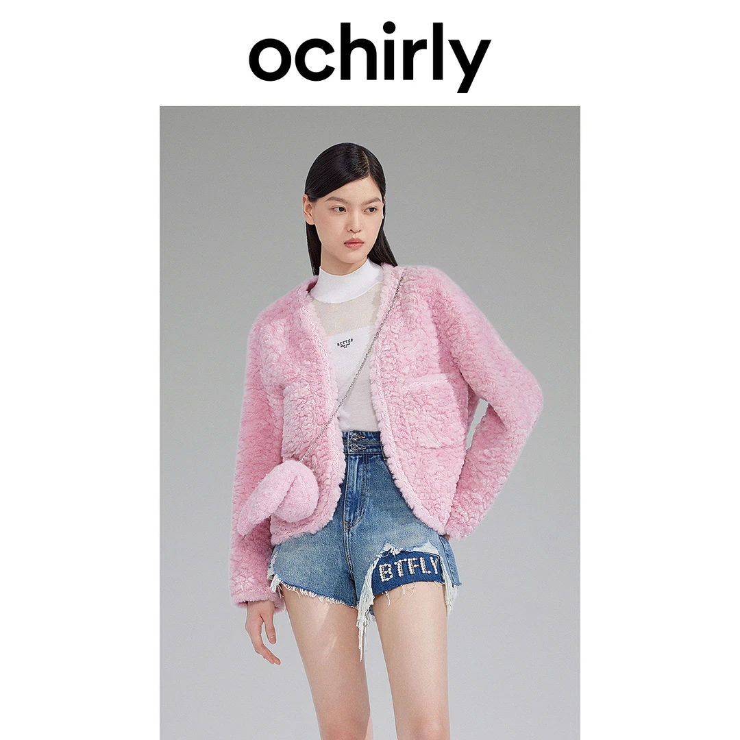 【达人】ochirly/欧时力 毛绒外套女秋冬V领法式软糯保暖