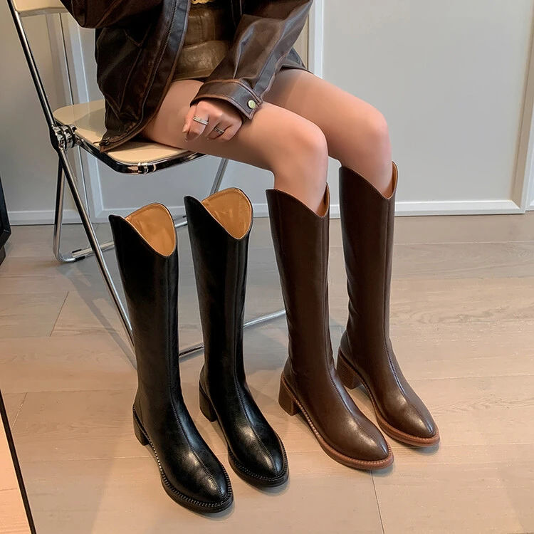 小个子高筒骑士靴女长靴子粗跟焕羽张婧仪乔青同款大筒围粗腿胖mm