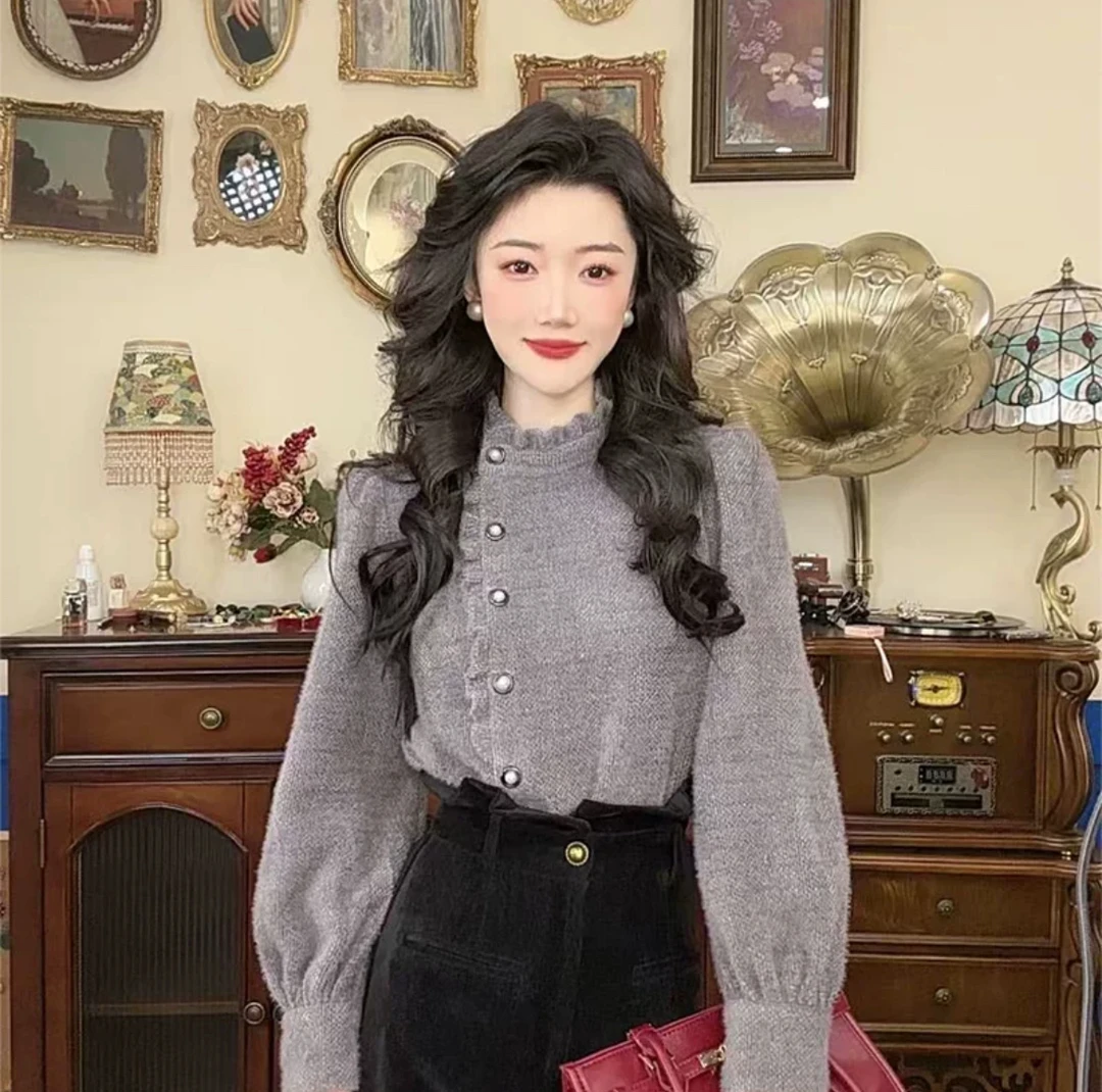 秋冬季加厚磨毛港风穿搭斜襟精致木耳边衬衫女上衣-3184