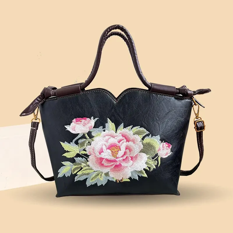 手提包女大容量民族风刺绣女包妈妈包中国风绣花牡丹斜挎大包包