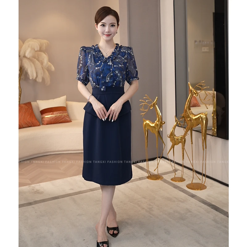 2025夏季新款【DD-X2578】轻奢拼接设计气质时尚蓝色中长款连衣裙子