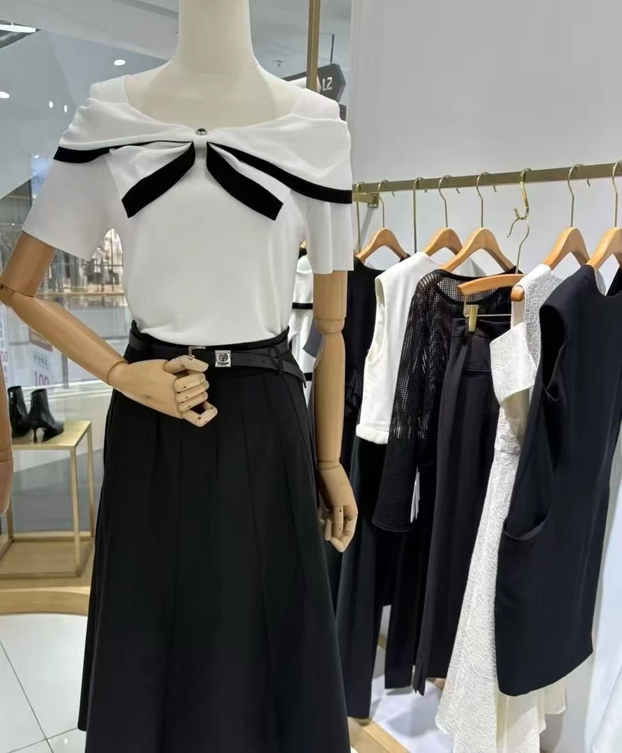 迪家20025早秋新款休闲百搭显瘦短袖蝴蝶结针织衫女2213