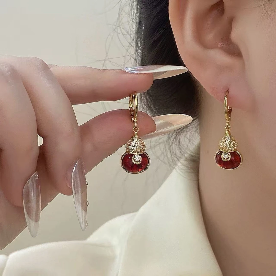 铜合金锆石耳饰 红色葫芦复古耳饰项链中国风喜庆精致新年饰品