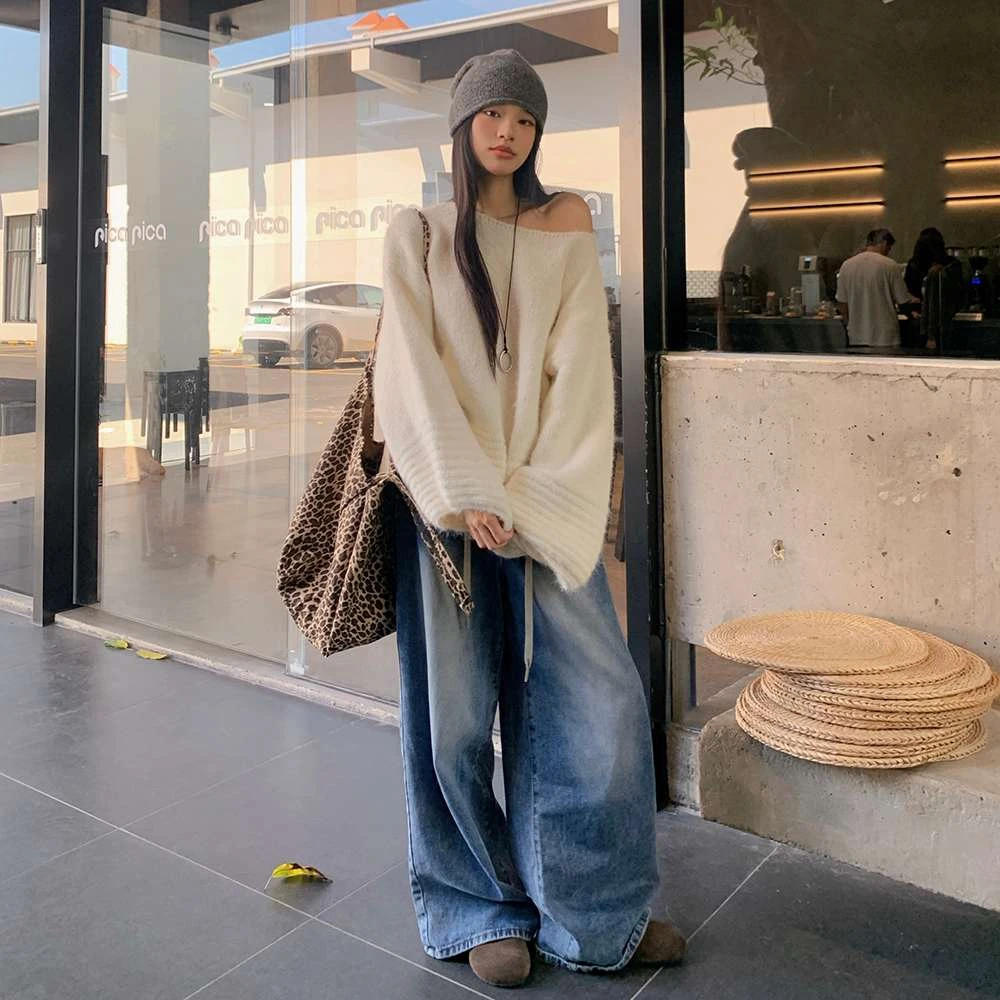 法式慵懒休闲软糯圆领套头毛衣女秋冬款针织衫上修身阔腿裤套装