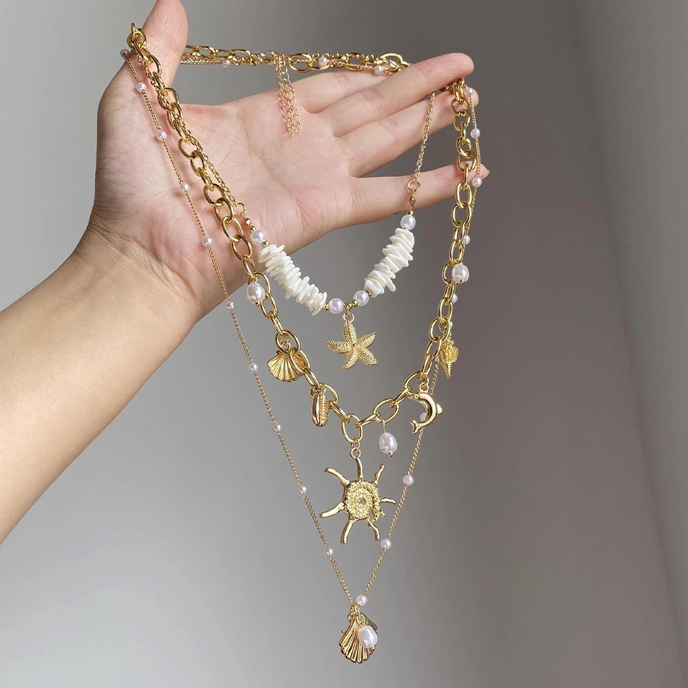 铜合金项链 金色贝壳海星串珠碎石项链复古高级感多层叠戴锁骨链