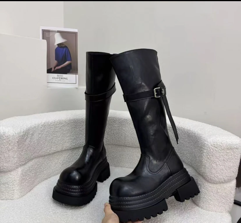 小个子不过膝靴子女长靴2025新款皮带扣厚底长筒靴显瘦高筒骑士靴