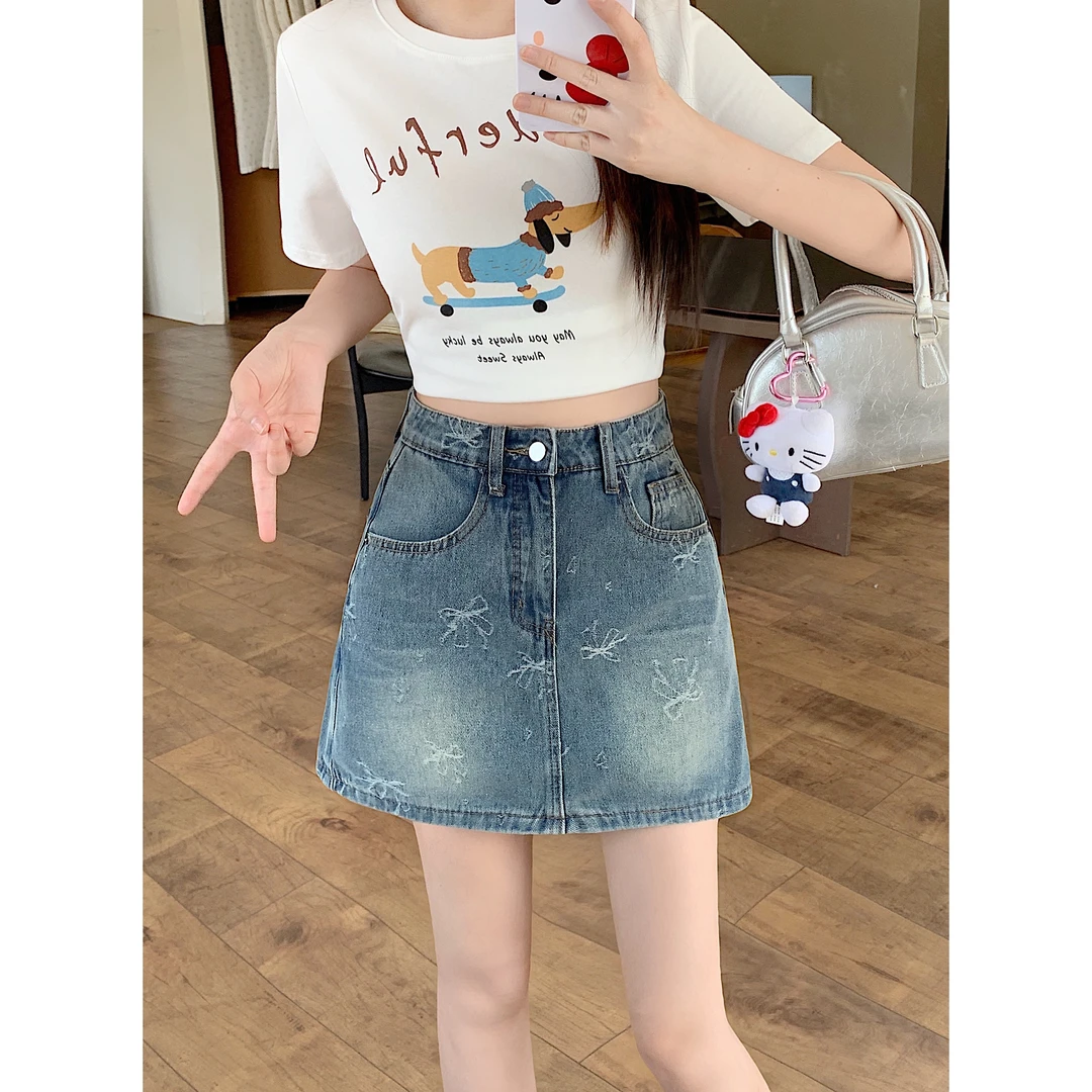 2025夏季胖mm大码女辣妹蝴蝶结牛仔半身裙小个子防走光裙裤66130