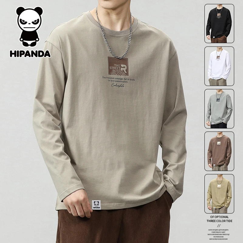 HiPanda你好熊猫男士长袖T恤秋季潮流印花宽松休闲纯棉打底衫上衣