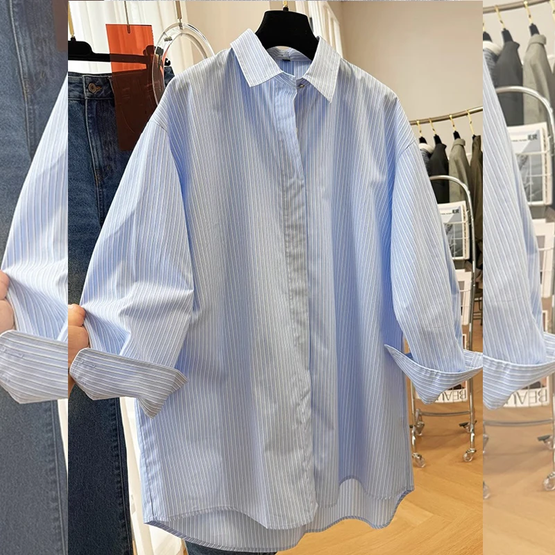 早春新款韩系中长款条纹婚宴上衣女装大码宽松叠穿别致衬衣百搭潮
