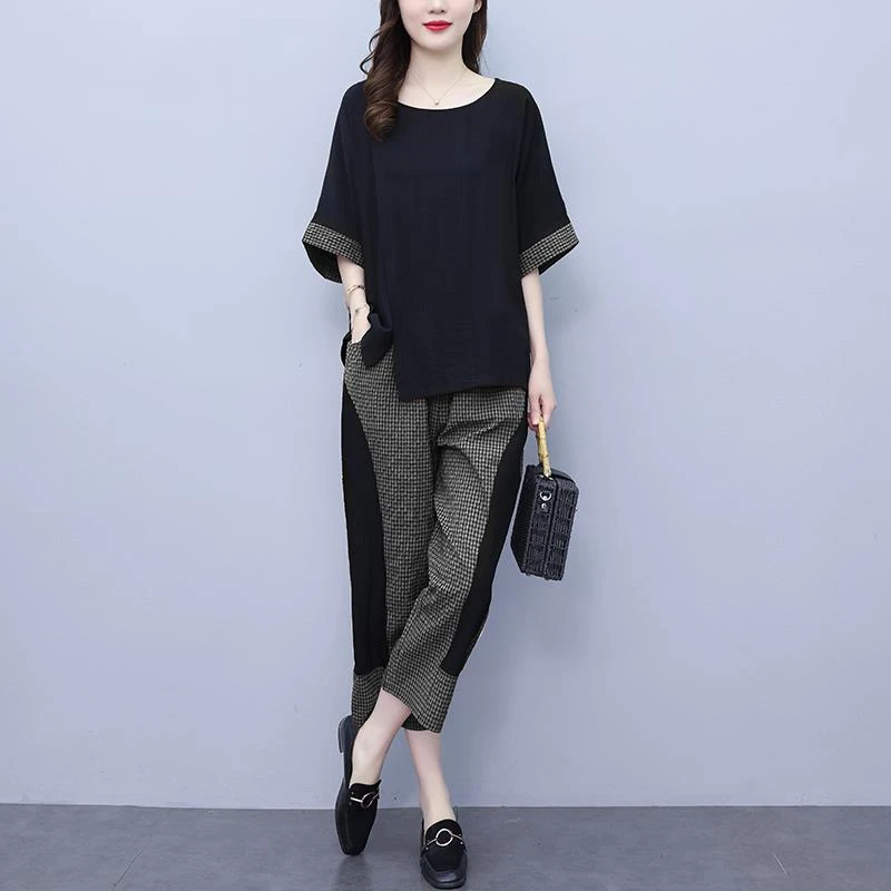 棉麻休闲套装女2025新款妈妈夏装洋气减龄时尚大码胖mm遮肉两件套