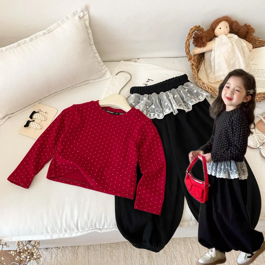 2025秋季新款女童圆点上衣小童蕾丝长裤圆领文艺外穿韩版休闲套装