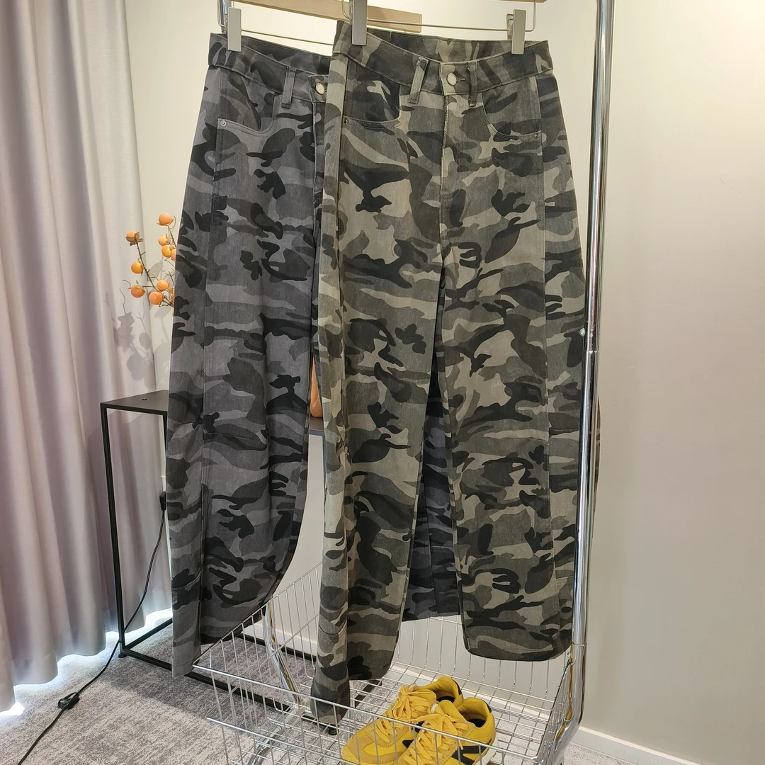 【实体现发】美式复古高街工装阔腿迷彩牛仔裤高腰直筒弯刀休闲裤