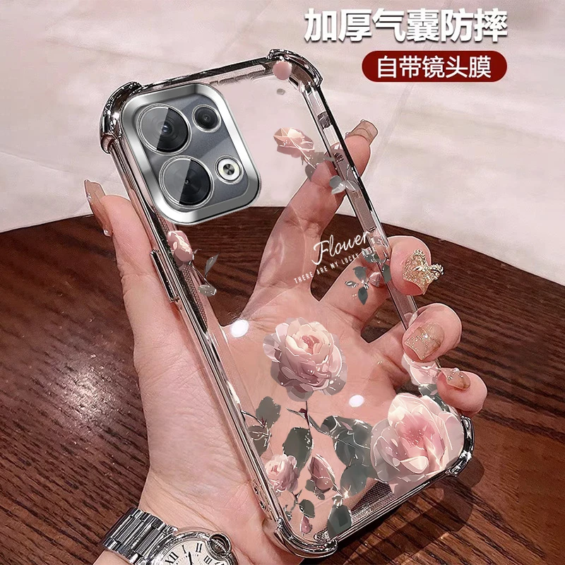 小清新玫瑰适用opporeno8手机壳女款防摔气囊Pro全包镜头膜个性软
