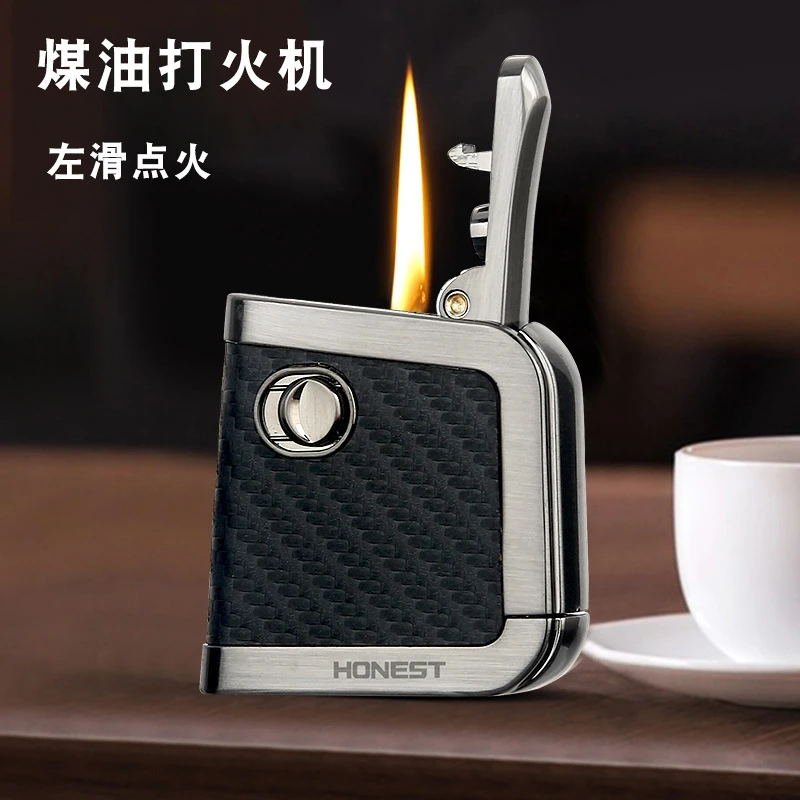 新款小众煤油打火机高档老式皮质复古创意侧面按压弹射打火机礼物