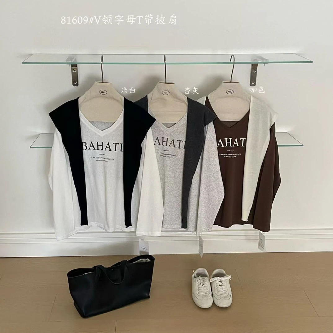 C/81609 韩系休闲V领字母刺绣T袖（配披肩） 9-10