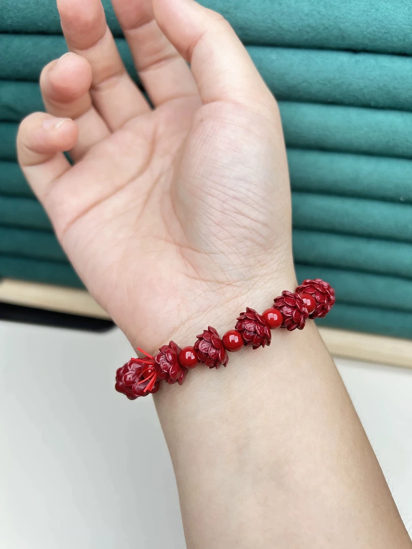 含辰砂工艺品朱砂紫金砂莲花全雕刻带隔珠手串