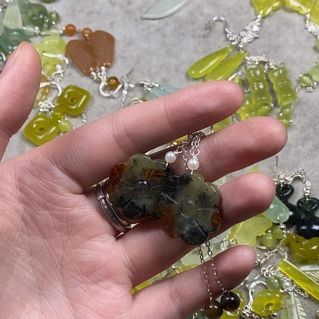 彼***花蛇纹石玉未镶嵌耳饰耳环挂件项链