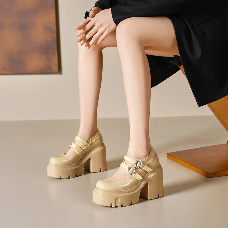 12cm厚底粗跟玛丽珍鞋女小个子双字扣带超高跟浅口单鞋增高小皮鞋