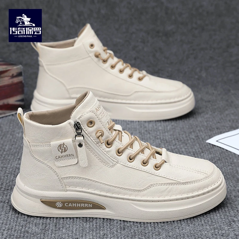 传奇保罗男士秋季新款潮流时尚百搭板鞋高帮皮面耐磨防滑韩版潮鞋