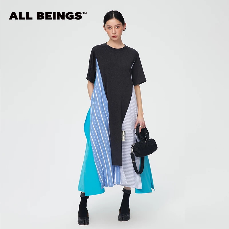 ALL BEINGS【年中折扣款】显瘦宽松彩黑色条纹拼接T恤时尚连衣裙女