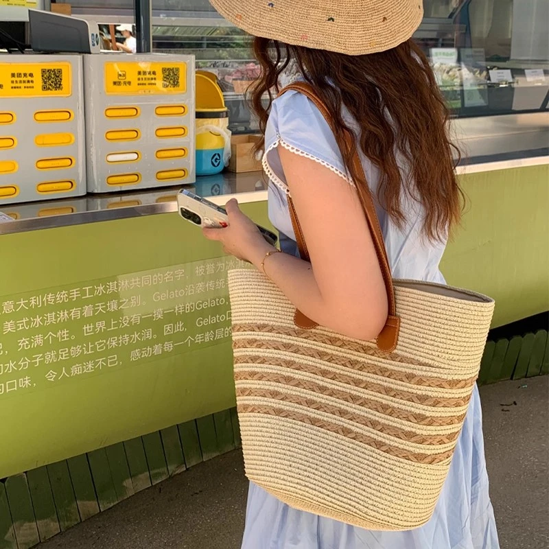 编织草编包2025夏季新款通勤大容量条纹单肩百搭时尚沙滩包包女士