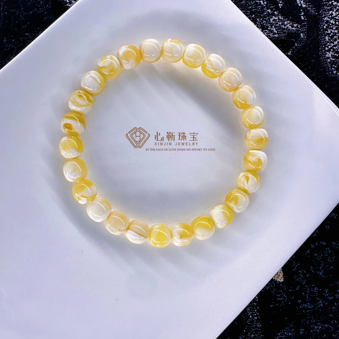 典藏级8mm金瓷白溶洞妖花 金白分明 天然原矿俄料蜜蜡老型手串