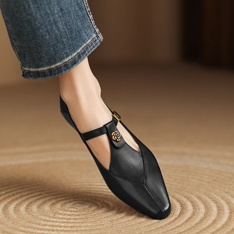 3cm~复古真皮丁字扣带玛丽珍鞋春季新款粗跟单鞋女可踩后跟小皮鞋