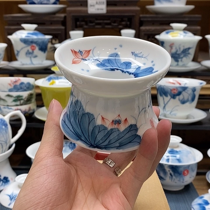 手绘荷塘荷花茶漏一个装釉下彩微瑕福利款