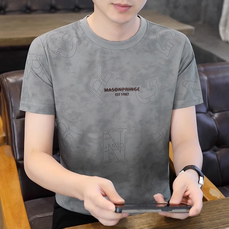 冰丝薄款短袖t恤男士夏季圆领潮牌提花休闲半袖体恤百搭打底上衣