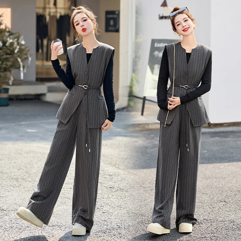 条纹两件套装女春秋新款气质一整套穿搭御姐高级感轻奢马甲阔腿裤