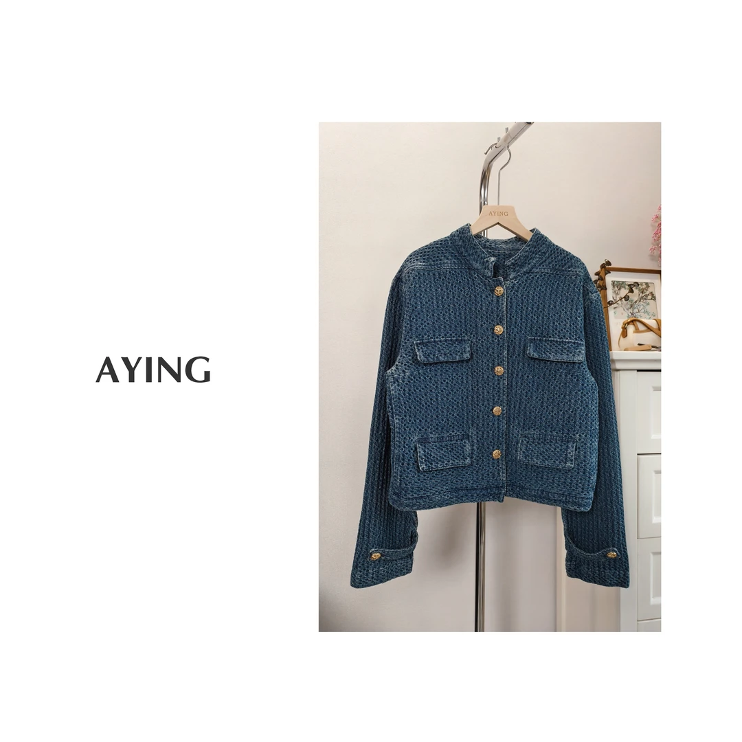 AYING  女士春秋   小众肌理感立领牛仔小香夹克外套