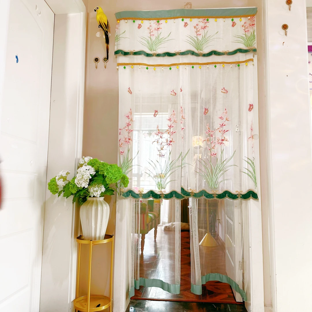 轻奢春夏免打孔双层纱门帘纱帘蕾丝布艺卧室厨房隔断
