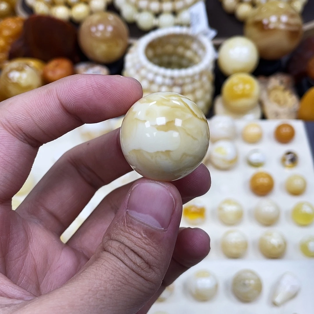 蜜蜡未镶嵌珠宝奇石27.0mm【虎皮妖花石膏白】圆珠