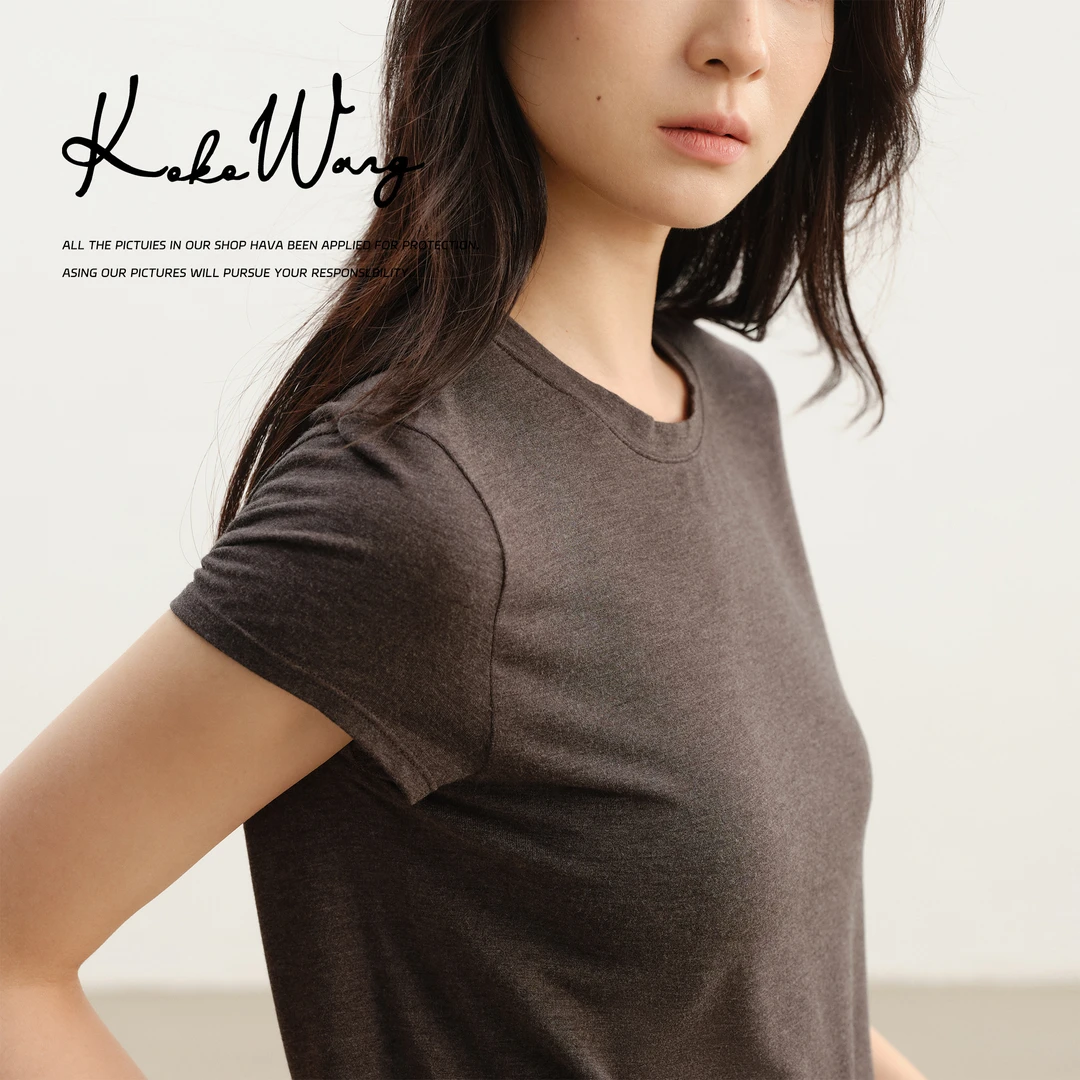 KOKO WANG小飞袖裸感极简无侧缝高弹山羊绒短袖T恤N2445H22T42
