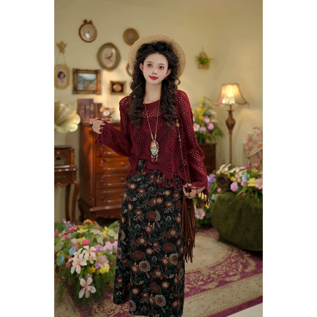 扣子家【流浪晚霞】复古港风针织镂空流苏上衣KK0726259