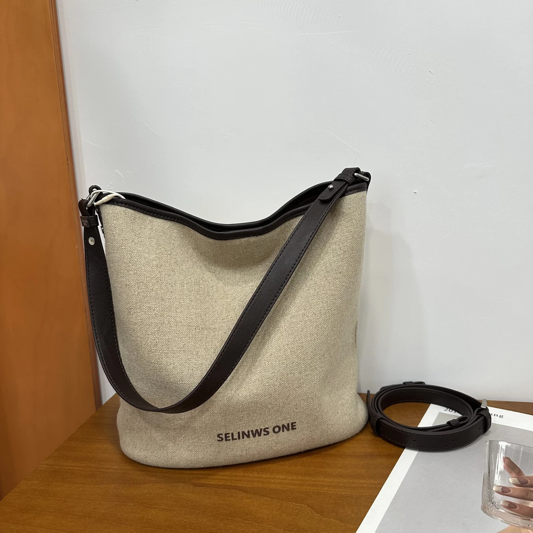 【亚麻系列X】SELIN WS新款时尚轻奢亚麻包单肩斜挎水桶包25192