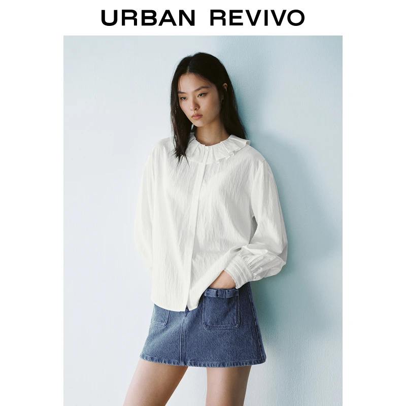 UR2025春季新款女欧若风法式木耳边微褶宽松开襟衬衫UYU250025