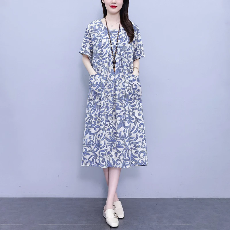 【女神新衣】2025夏新款胖MM时尚洋气中长款休闲宽松印花衬衫连衣裙