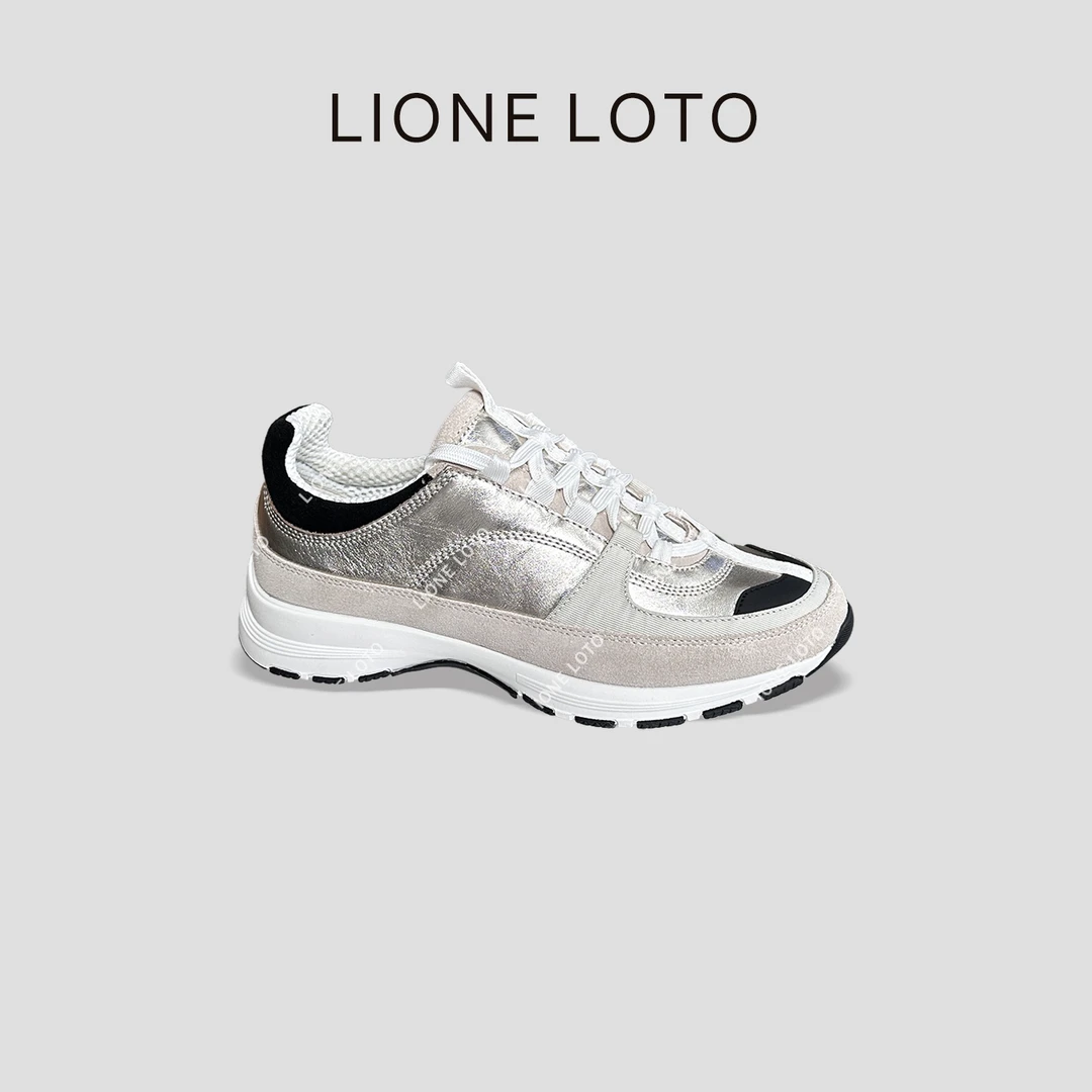 小香风2025新款拼色真皮系带增高休闲运动鞋老爹鞋厚底女款4cm