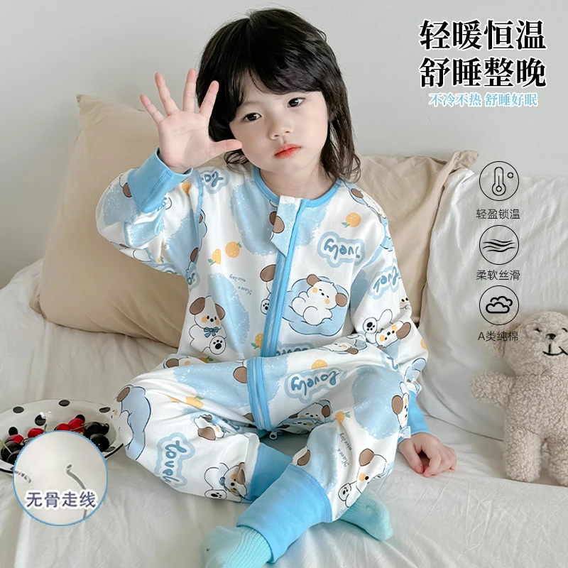 儿童全棉连体睡袋宝宝分腿家居服防踢睡衣三头拉链爬服柔软亲肤