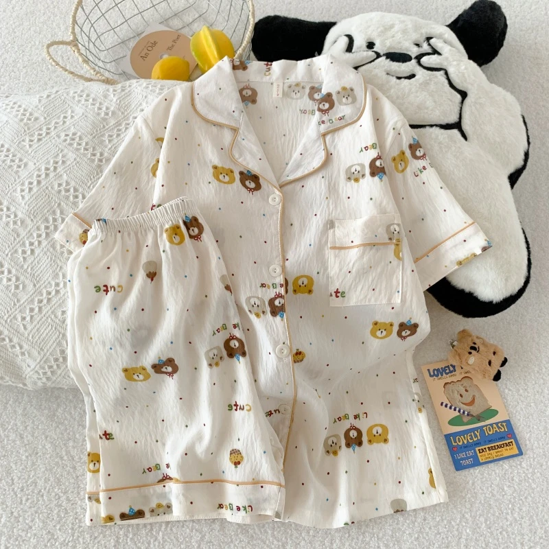 卡通波点小熊夏季新款短袖短裤云朵棉睡衣女开衫家居服套装可外穿