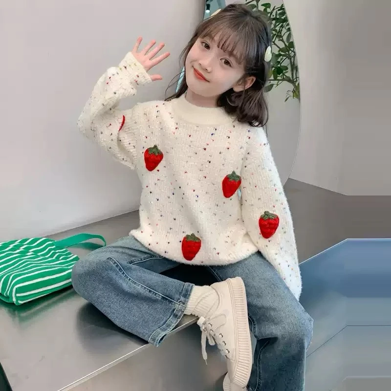 女童秋装毛衣2025新款儿童女孩秋冬季草莓毛线针织打底衫洋气上衣