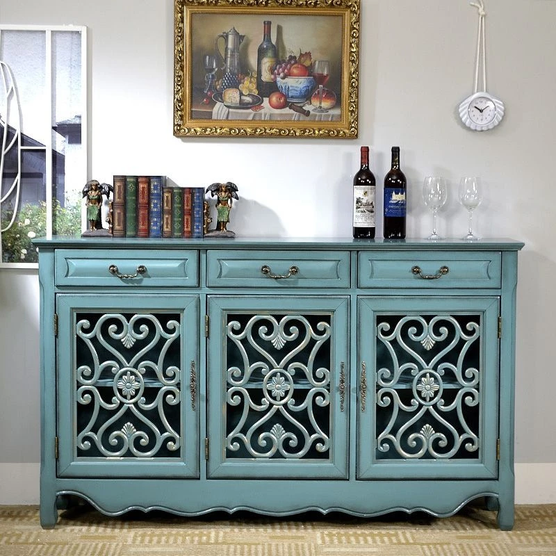 美式餐边柜实木镂空超薄鞋柜复古玄关柜客厅隔断一体彩绘橱餐具柜