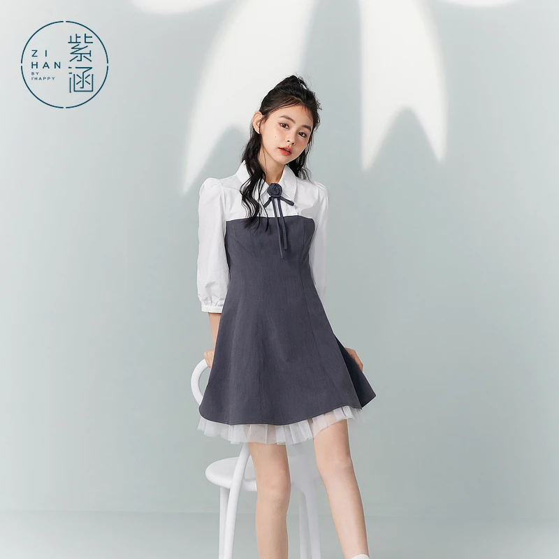 【小鱼丸子专属】紫涵假两件衬衫领连衣裙Z4Z06AS127